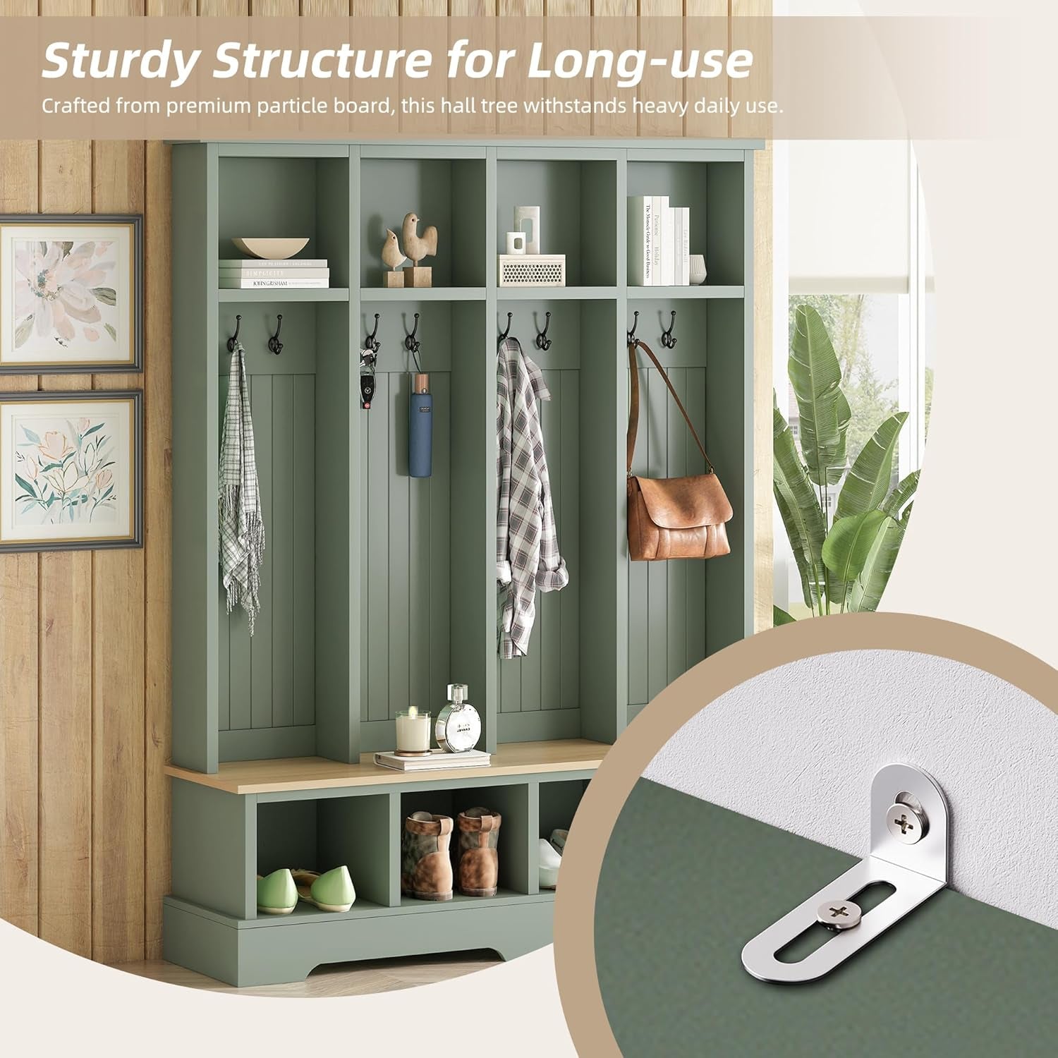 Farmhouse Hall Tree with Bench and Shoe Storage, 59" Entryway Bench with Coat Rack, 3-In-1 Hall Tree with Top Compartments and 8 Hooks for Hallway, Living Room, Green