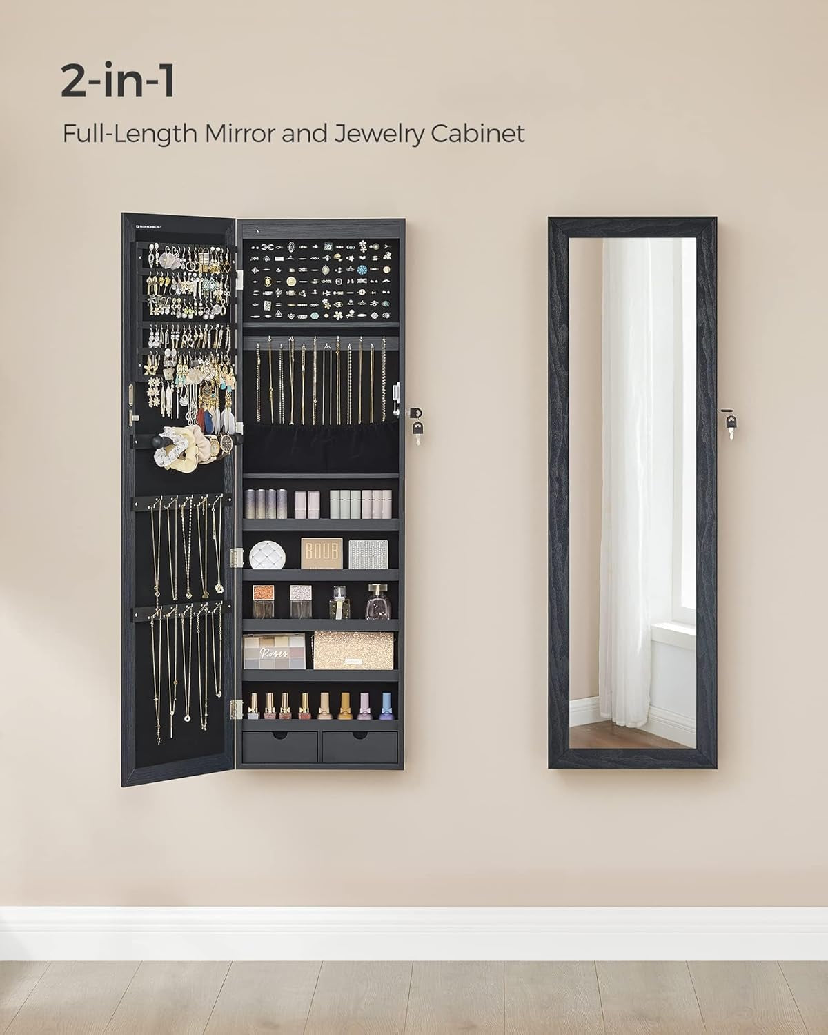 6 Leds Mirror Jewelry Cabinet, 47.2-Inch Tall Lockable Wall or Door Mounted Jewelry Armoire Organizer with Mirror, 2 Drawers, 3.9 X 14.6 X 47.2 Inches, Black UJJC093B01