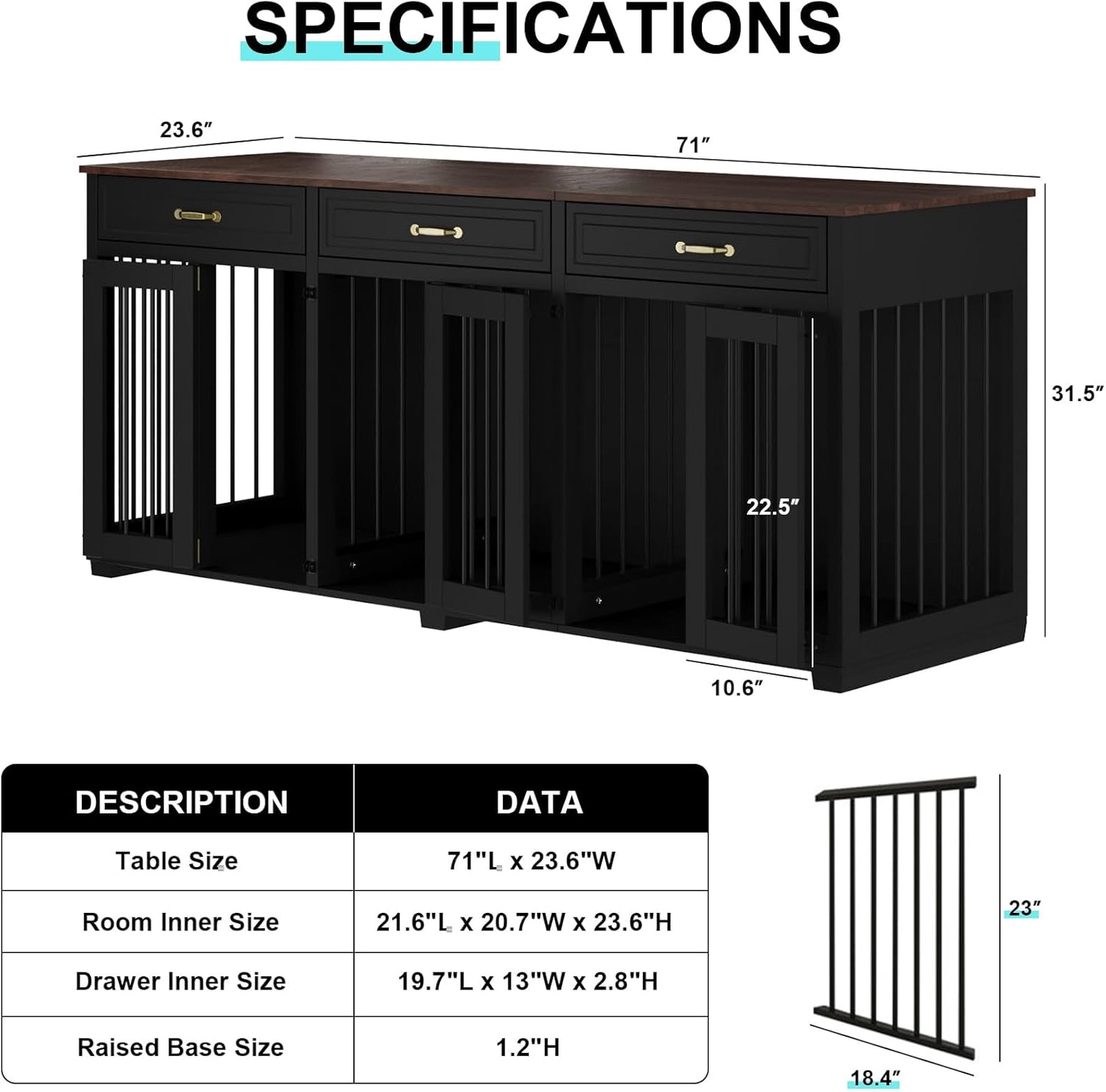 Dog Crate Furniture - Indoor Wooden Dog Kennel with 2 Dividers, 3 Drawers, and 3 Lockable Doors, 72"X23.6"X31.5"H, Black