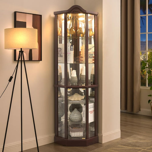 72" Corner Glass Display Cabinet with Adjustable Shelves, for Collectibles, Storage Curio Cabinet with Arched Floral Carving Decoration, 6-Tier Showcase Display Case, for Living Room, Cherry