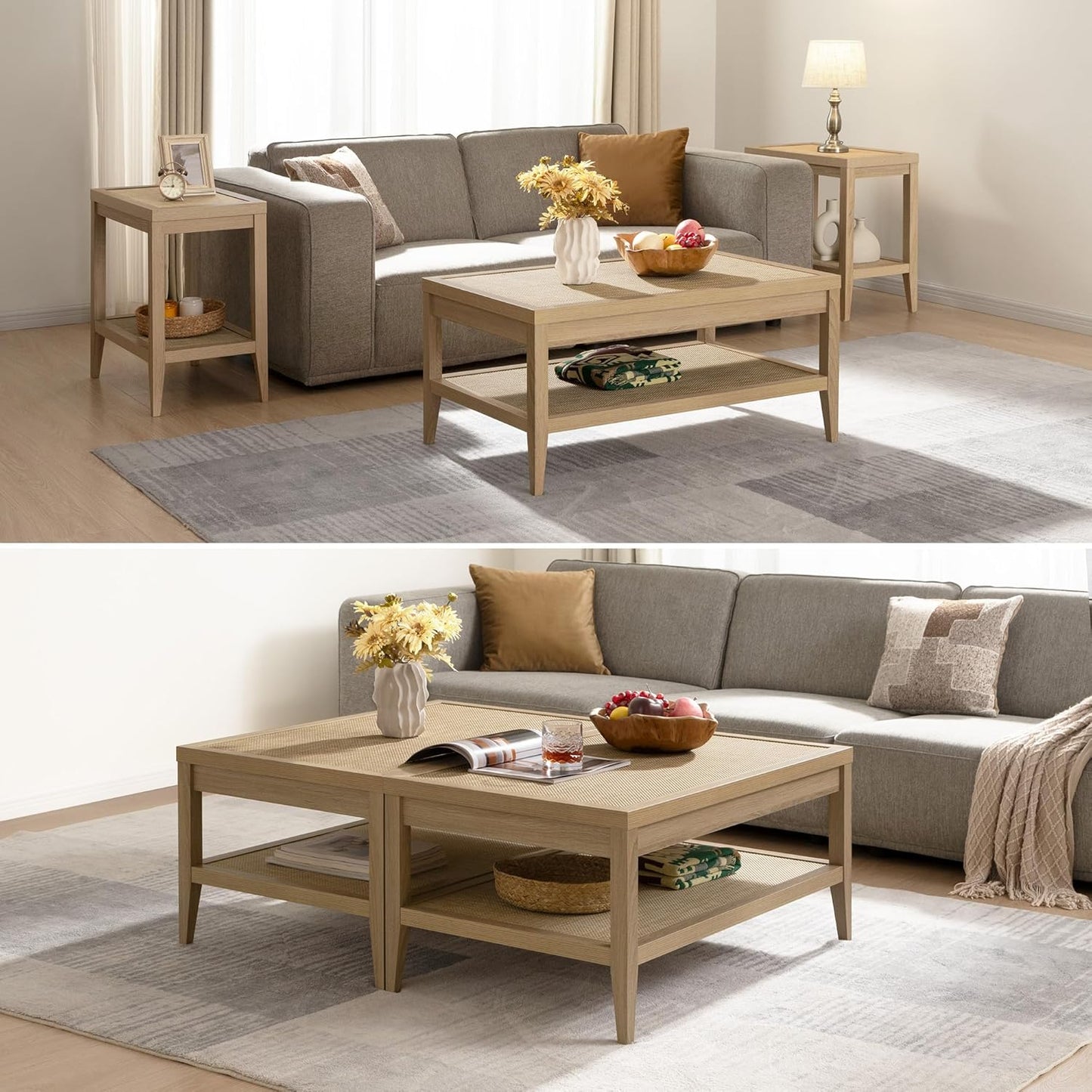 Rattan Coffee Table for Living Room - Boho Rectangular Dining Center Table with 2 -Tiers Rattan Storage Shelf, Farmhouse Accent Table for Living Room, Home Office, Light Oak