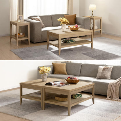 Rattan Coffee Table for Living Room - Boho Rectangular Dining Center Table with 2 -Tiers Rattan Storage Shelf, Farmhouse Accent Table for Living Room, Home Office, Light Oak