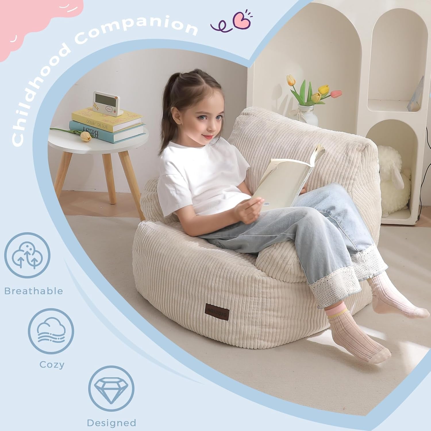 Kids Bean Bag Chair, Stuffed Toddler Bean Bag Sofa with Filler Bean Bag Chair for Boys and Girls, Lazy Sofa with Pocket Floor Chair for Gaming, Reading, Beige