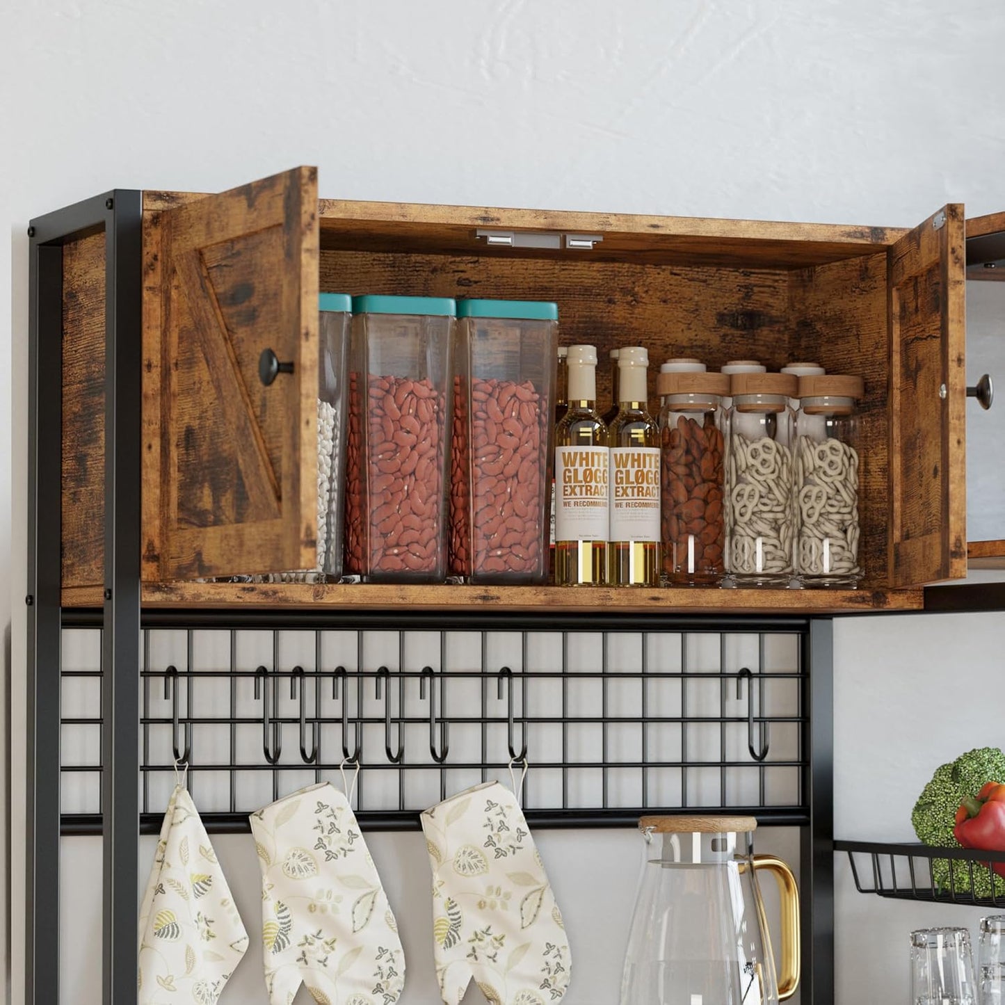 Bakers Rack with 2 Storage Cabinets and Power Outlet, 45.3 Inch Industrial Coffee Bar Cabinet Shelves, Kitchen Microwave Stand with Storage, Vintage Brown