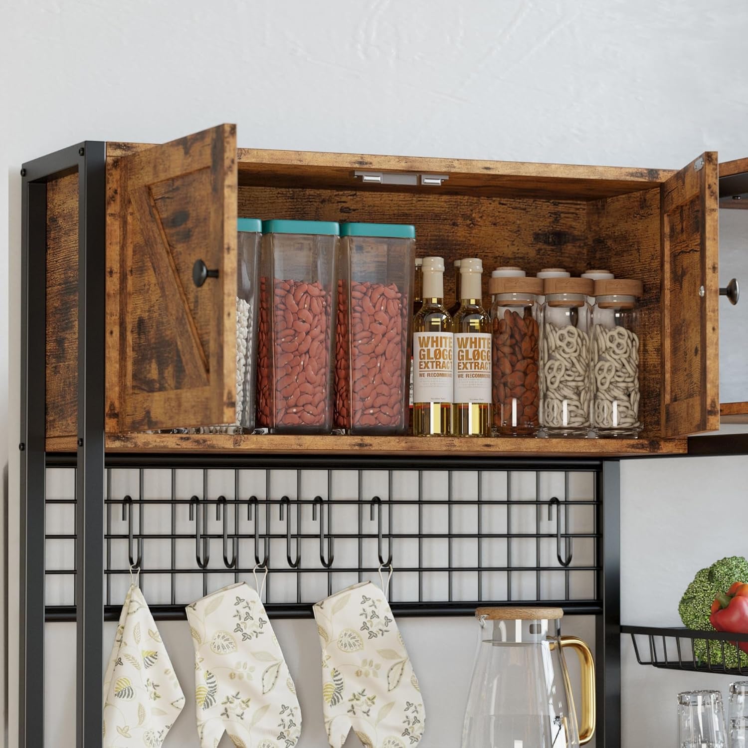 Bakers Rack with 2 Storage Cabinets and Power Outlet, 45.3 Inch Industrial Coffee Bar Cabinet Shelves, Kitchen Microwave Stand with Storage, Vintage Brown