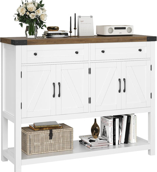 Buffet Sideboard Cabinet with Storage, 47.2" Modern Farmhouse Coffee Bar with 2 Drawers, Barn Doors Console Table with Shelf for Kitchen, Dining Room, Living Room, Entryway (White)