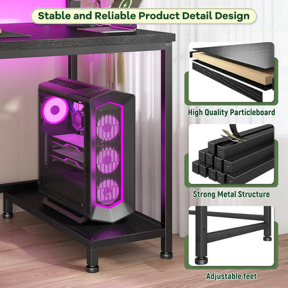 39.3" Gaming Desk with Power Outlet and LED Lights,Computer Desk with Adjutable Monitor Stand and Drawer,Office Desk with CPU Stand for Home Work,Study and Gaming, Small Spaces,Black