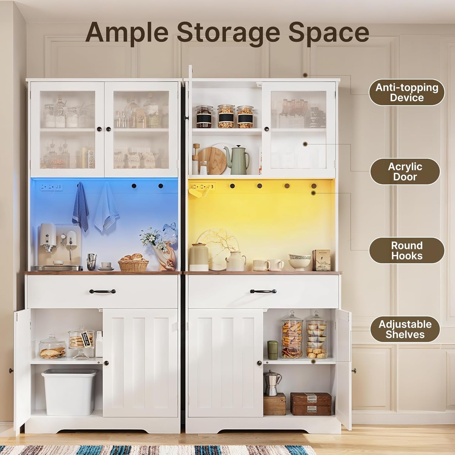 71" H Storage Cabinet with Strip Light, Kitchen Pantry Cabinet with Doors and Drawers, White Hutch with Charging Station and Adjustable Shelves, for Coffee Bar, Dining Room, Table Top-Retro