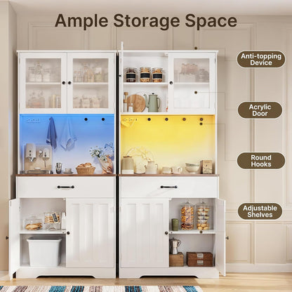 71" H Storage Cabinet with Strip Light, Kitchen Pantry Cabinet with Doors and Drawers, White Hutch with Charging Station and Adjustable Shelves, for Coffee Bar, Dining Room, Table Top-Retro