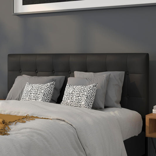 Lennox Adjustable Height Button Tufted and Box Stitch Upholstered Queen Size Headboard in Black Vinyl