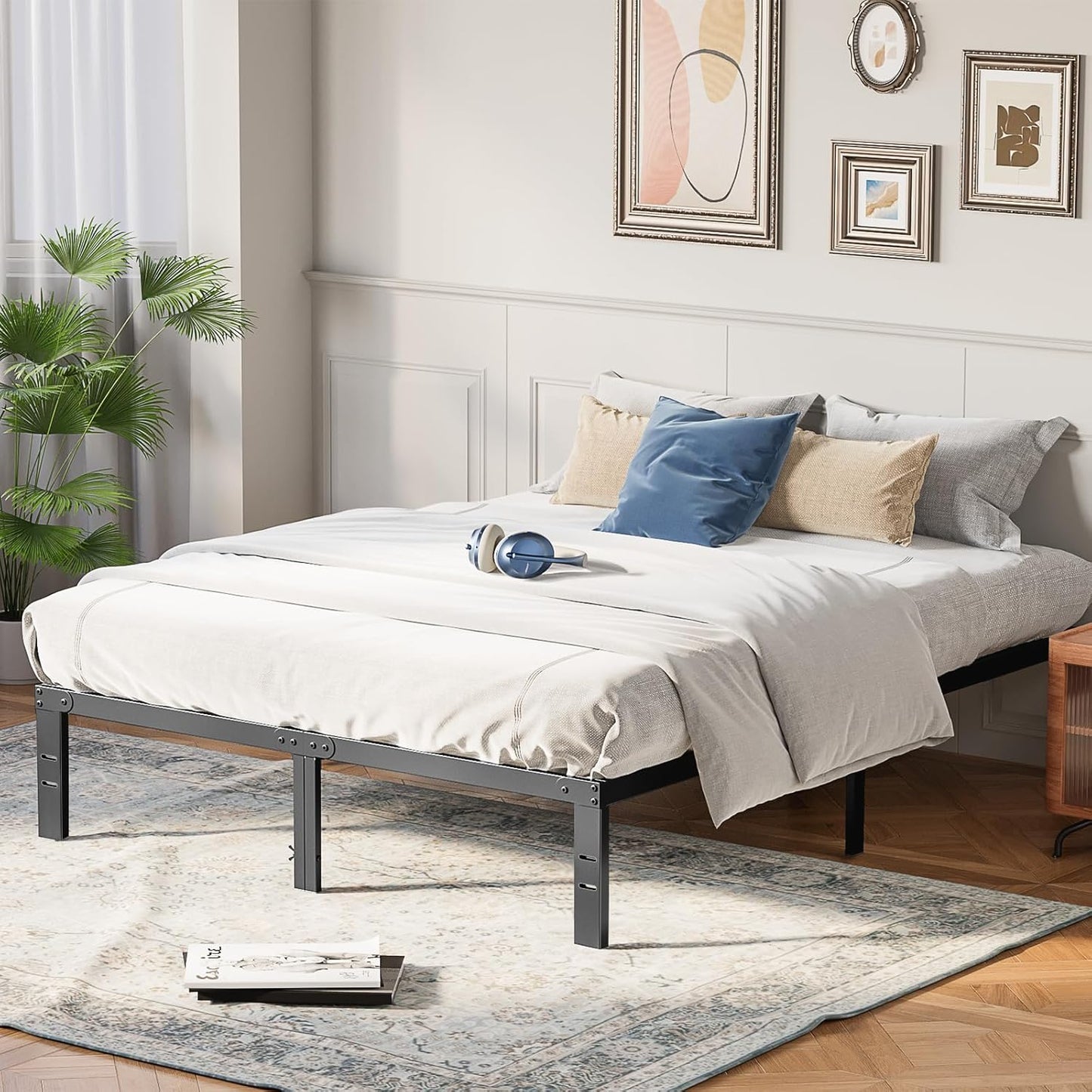 Metal King Bed Frame - 14In High with Storage Space, No Box Spring Needed with Sturdy Steel Slat Support, 2200LBS Heavy Duty for Easy Assembly, Black for Bedroom