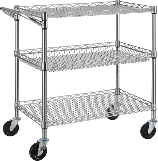 3 Tier Heavy Duty Commercial Grade Utility Cart, Wire Rolling Cart with Handle Bar, Steel Service Cart with Wheels, Utility Shelf Plant Display Shelf Food Storage Trolley, NSF Listed