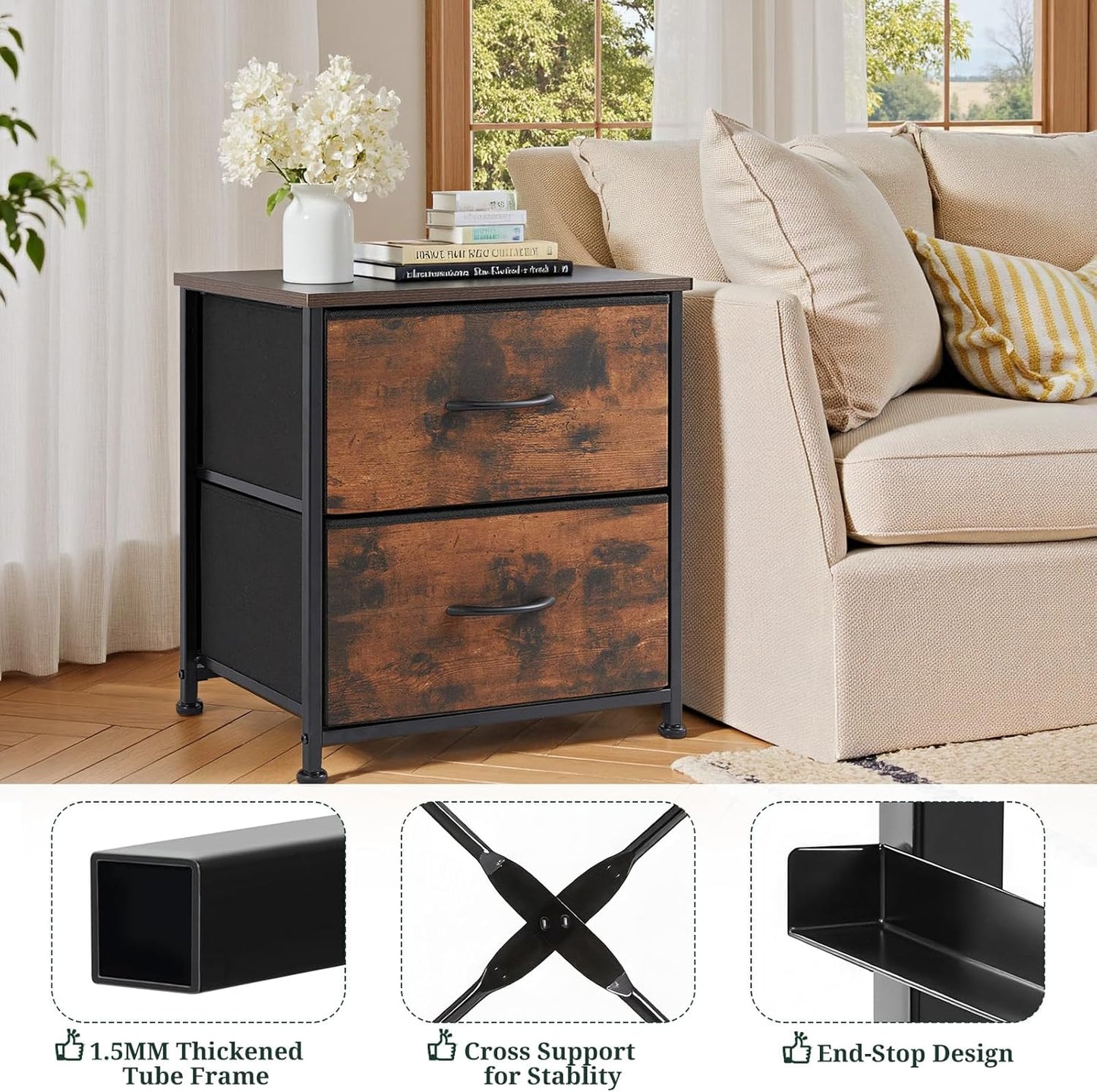 Nightstand Set of 2, Small 2 Drawer Dresser End Table Bedside Furniture, Wooden Top Fabric Bins for Bedroom, Closet, Entryway, Dorm, 11.8" D X 18" W X 20", White