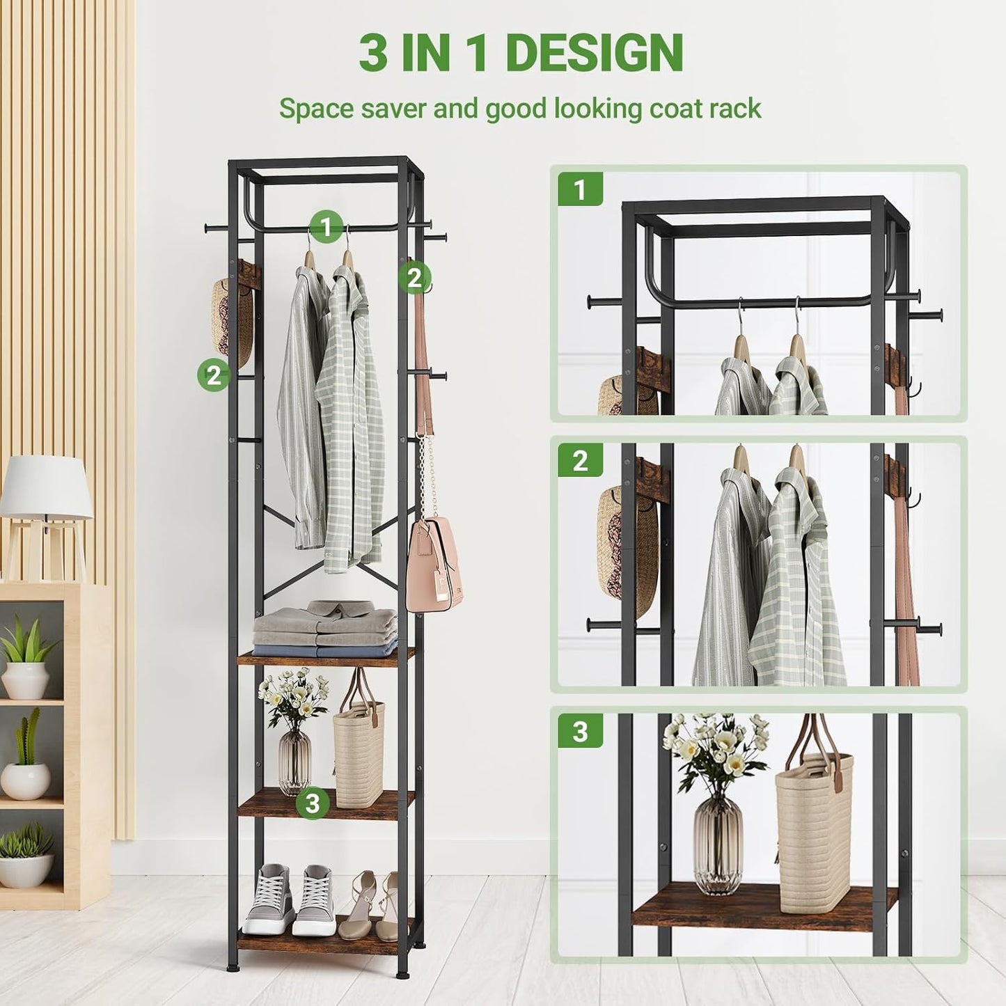 Coat Rack Freestanding, Hall Tree with 3 Storage Shelves and 12 Hooks, Industrial Clothes Rack Stand Organizer for Bedroom, Hallway, Entryway, Office, Living Room, Rustic Brown
