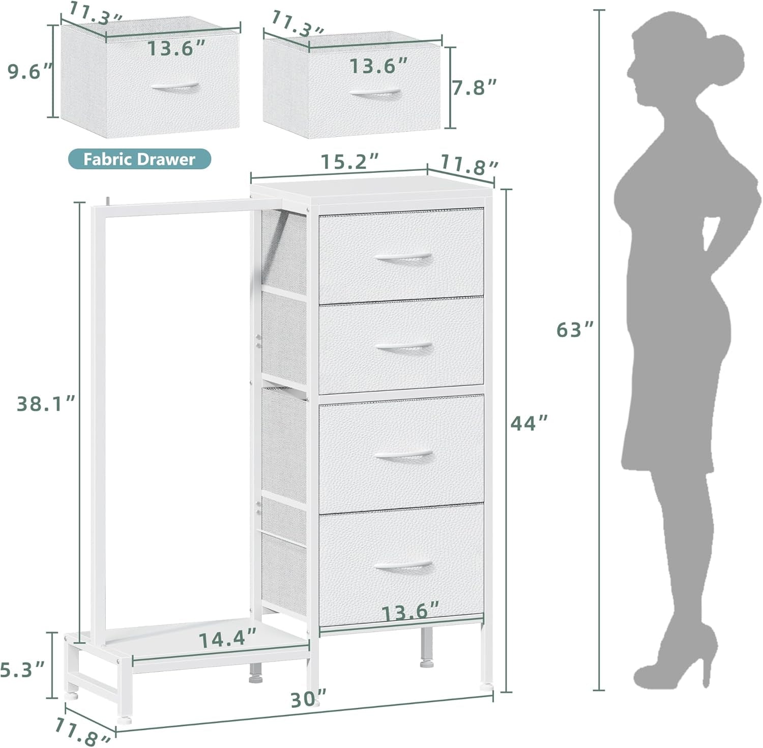 Dresser with Hanging Rack, 4 Drawers Small Closet for Bedroom, Reversible Fabric Kids Chest of Drawers with Clothes Rack, Tall Storage Tower, Sturdy Frame, White, 44''H