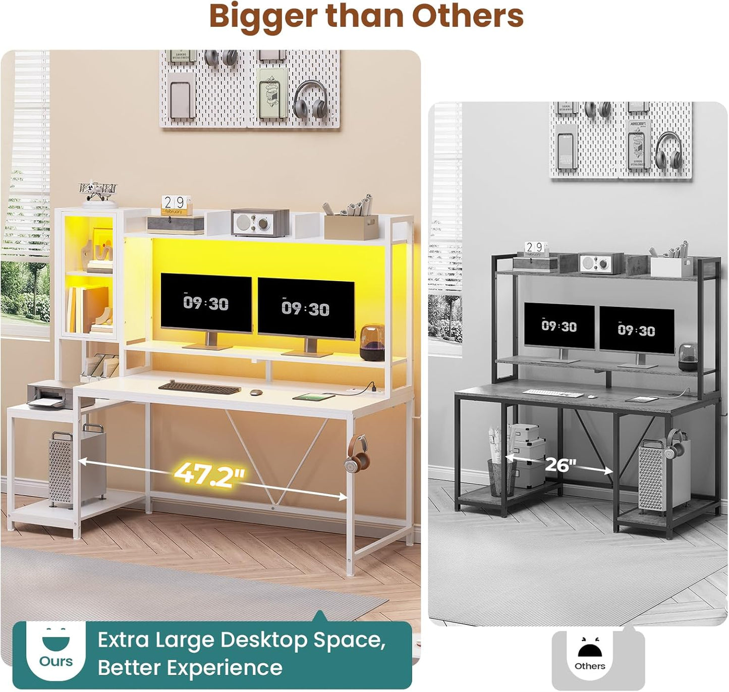 White Gaming Desk, 60'' Gaming Desk with Hutch and LED Lights, Computer Desk with Storage Shelves, Large PC Gamer Desk with Display Cabinet, Monitor Stand, Power Outlet for Home Office