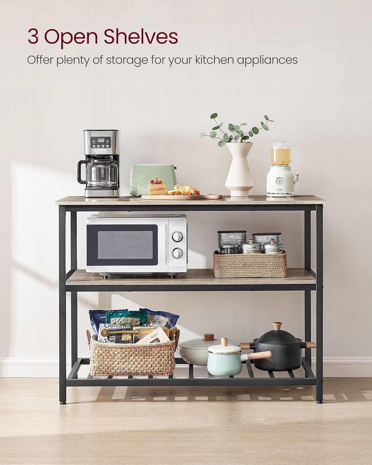 Kitchen Island with 3 Shelves, 39.4 Inches Width Kitchen Shelf with Large Worktop, Stable Steel Structure, Industrial, Easy to Assemble, Oak Color and White UKKI005W09