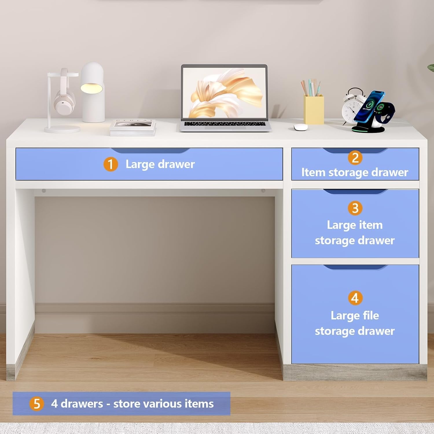 52 Inch White Desk with 4 Drawers, Computer Desk with Storage for Small Spaces with Storage File Cabinet, Small Home Office Desk with Drawers for Bedroom