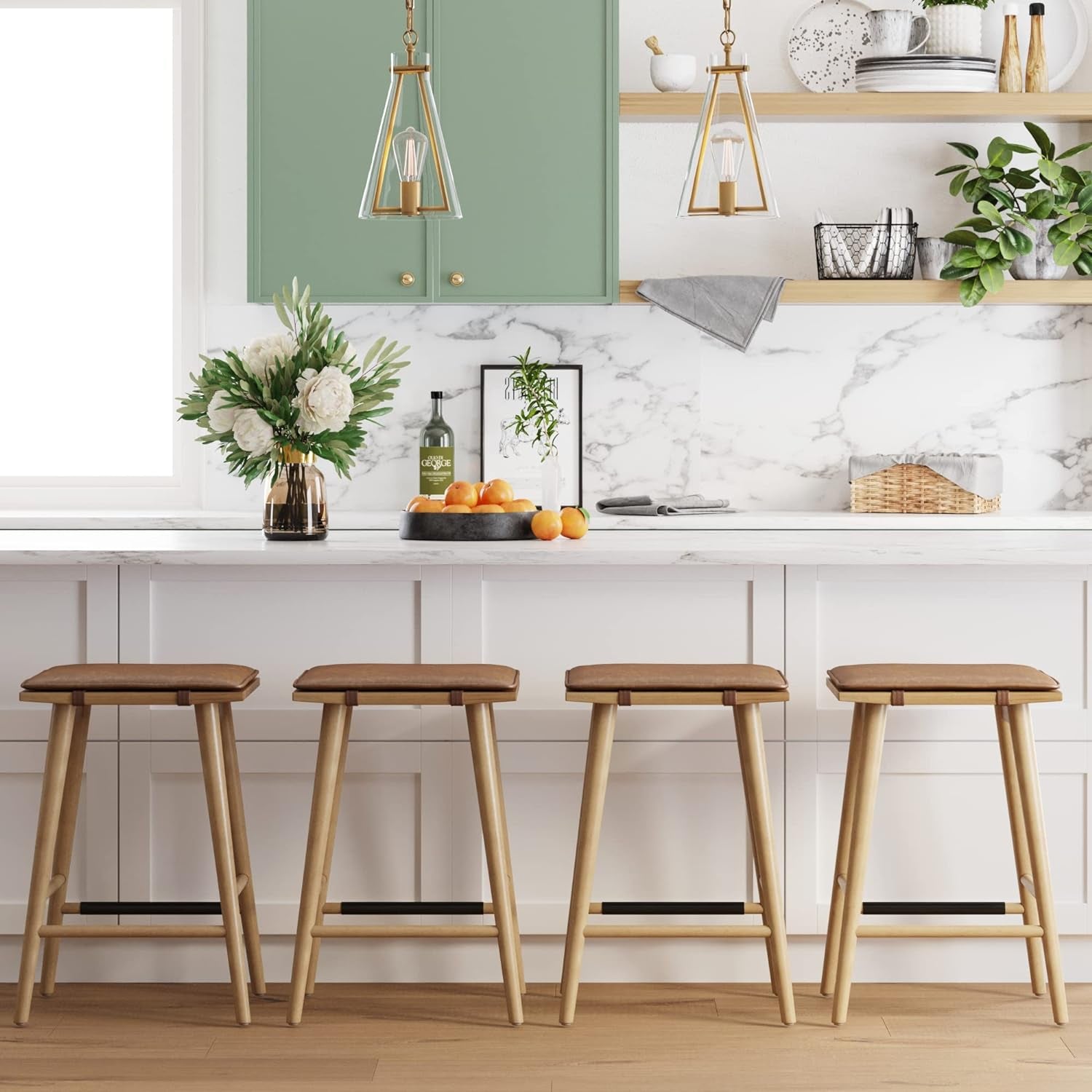 Barker Classic Counter Height Wood Barstool with Leather Removable Cushion, Backless Island 24" Bar Stool for Kitchen, Chestnut Brown
