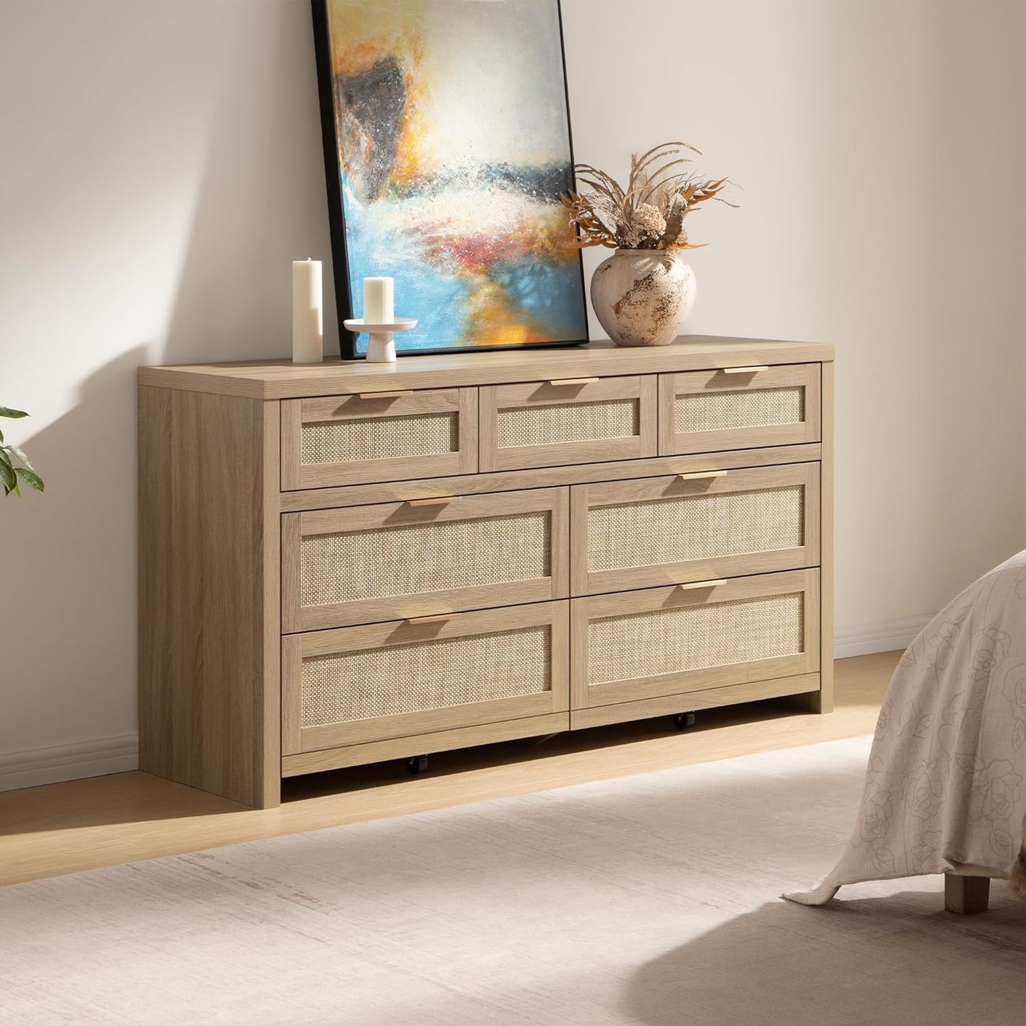 7 Drawer Dresser for Bedroom, 57" Wide Rattan Dressers, Large Chest of Drawers for Bedroom, Dresser TV Stand, Boho Closet Organizer (Reclaimed Light Oak, 7 Drawers (1 Pc))