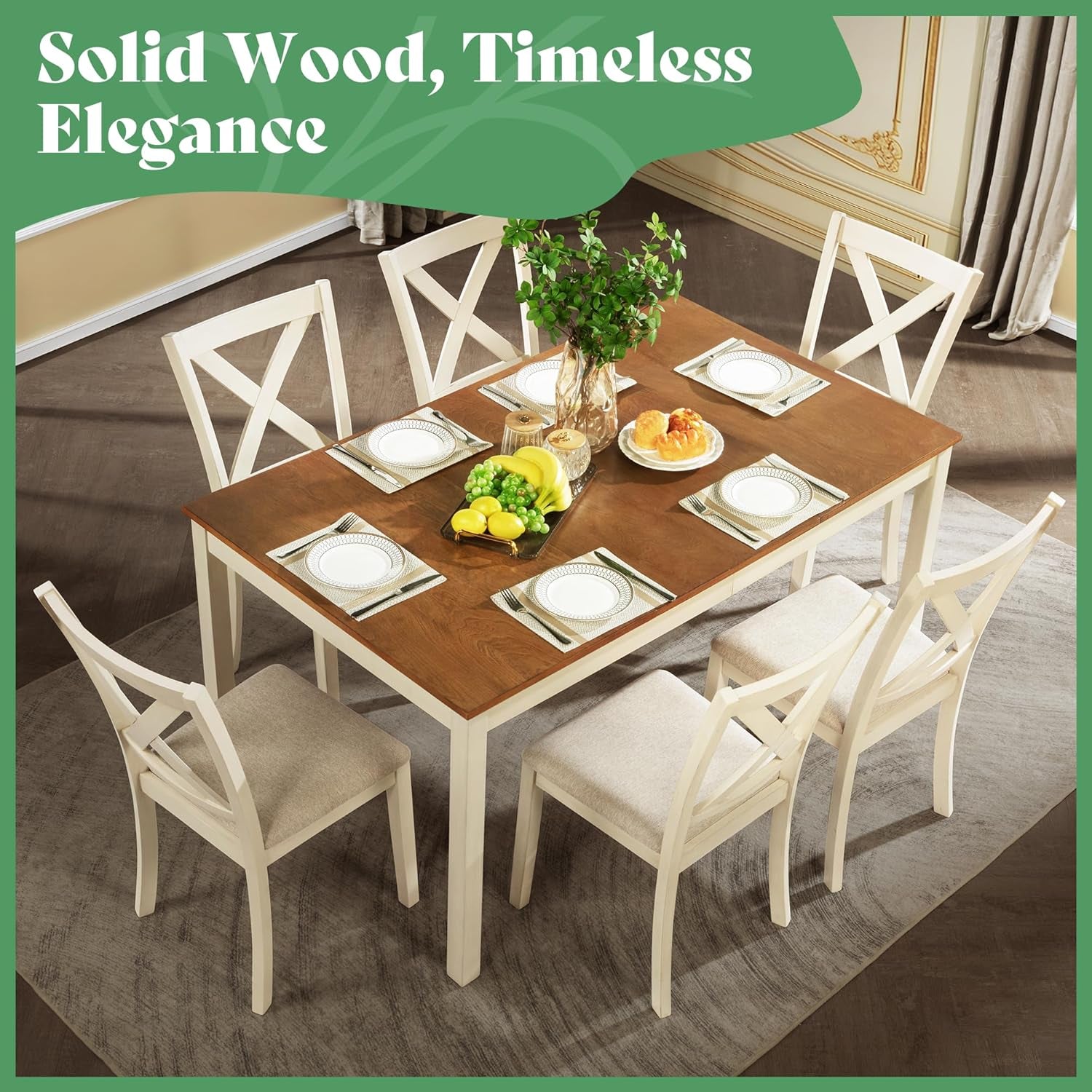 7-Piece Farmhouse Solid Wood Dining Table Set with 6 Upholstered Chairs, 60" Space Saving Dinner Table & Chairs Set, for Dining Room, Kitchen, Restaurant, Brown & White