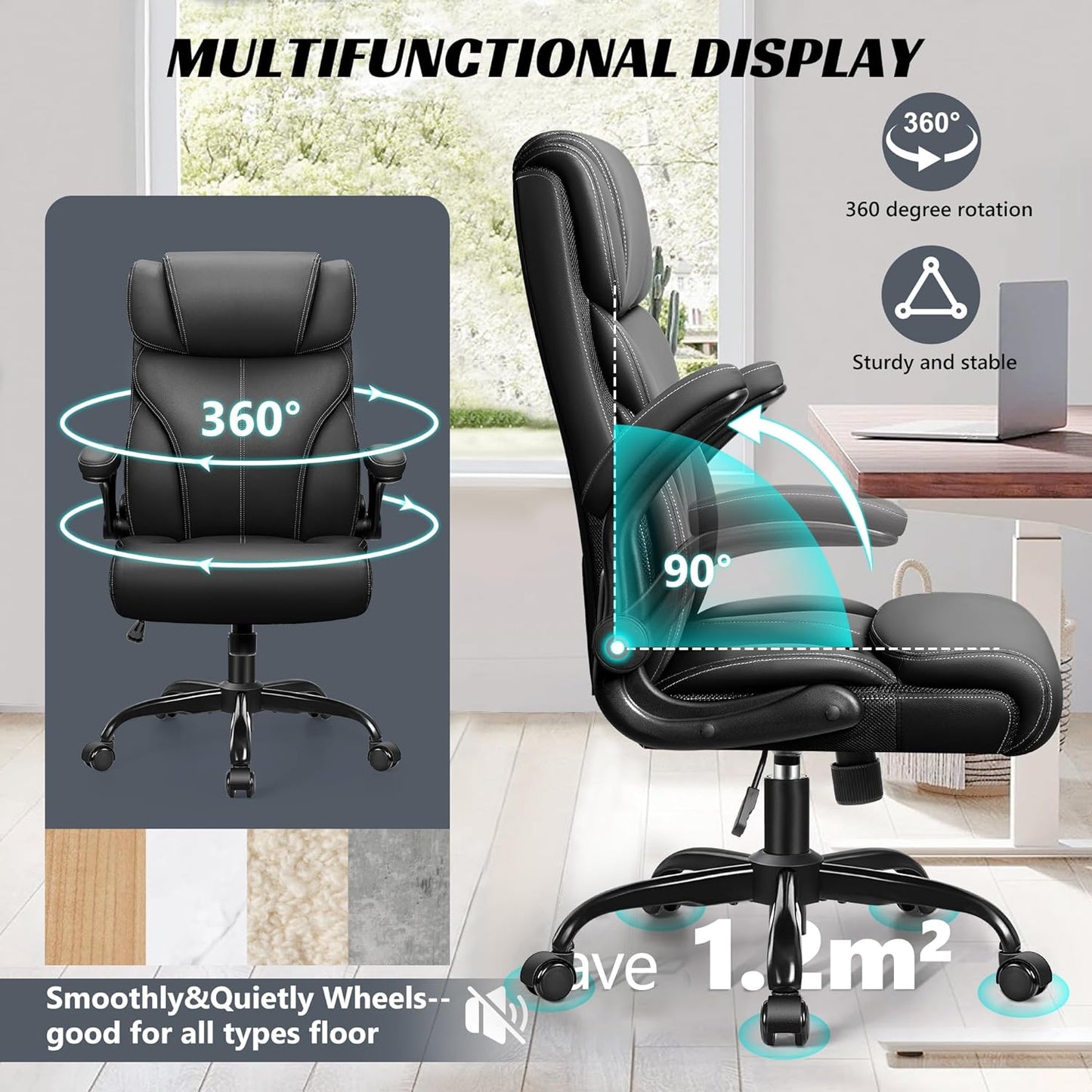 Office Chair, Ergonomic Big and Tall Computer Desk Chairs, Executive Breathable Leather Chair with Adjustable Flip-Up Armrests, Lumbar Support Swivel PC Chair with Rocking Function