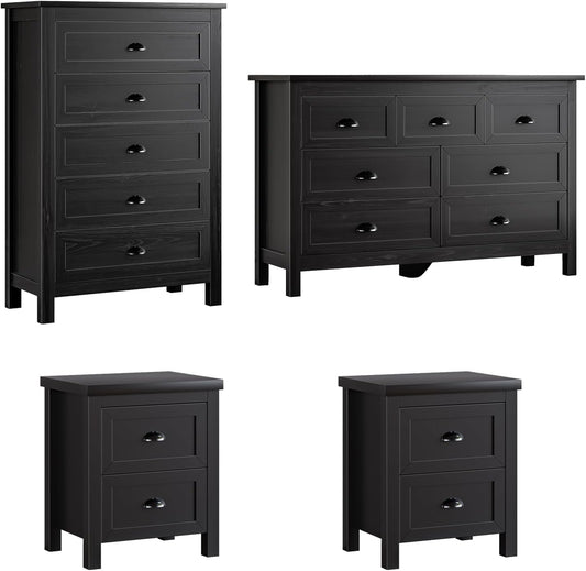 4-Piece Farmhouse Bedroom Dresser Set, 7 Drawer Double Dresser & 5 Drawer Tall Dressers & 2 Nightstands with 2 Drawers
