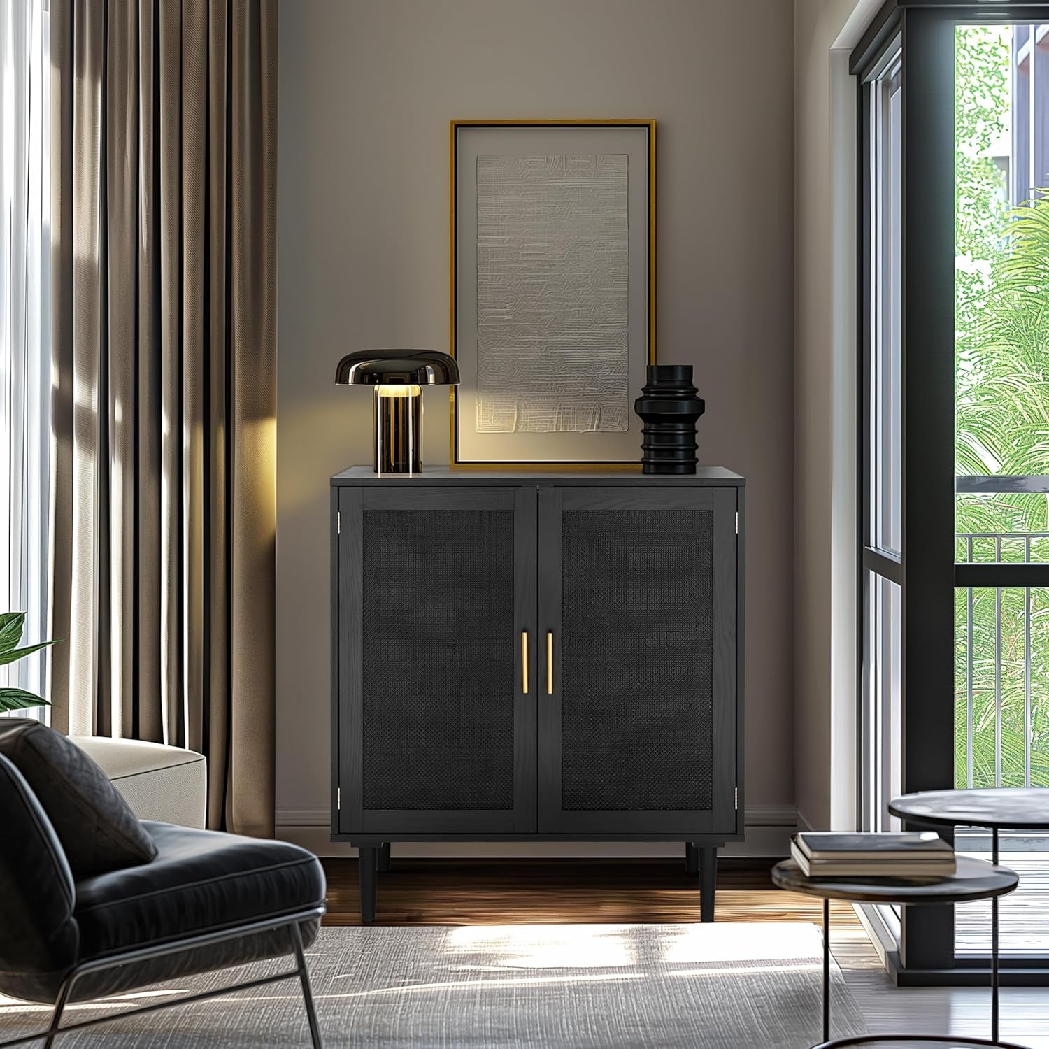 Sideboard Buffet Kitchen Storage Cabinet with Black Painted Rattan Decorated Doors, Dining Room, Hallway, Cupboard Console Table, Liquor/Accent Cabinet, 31.5X 15.8X 34.6 Inches, Black