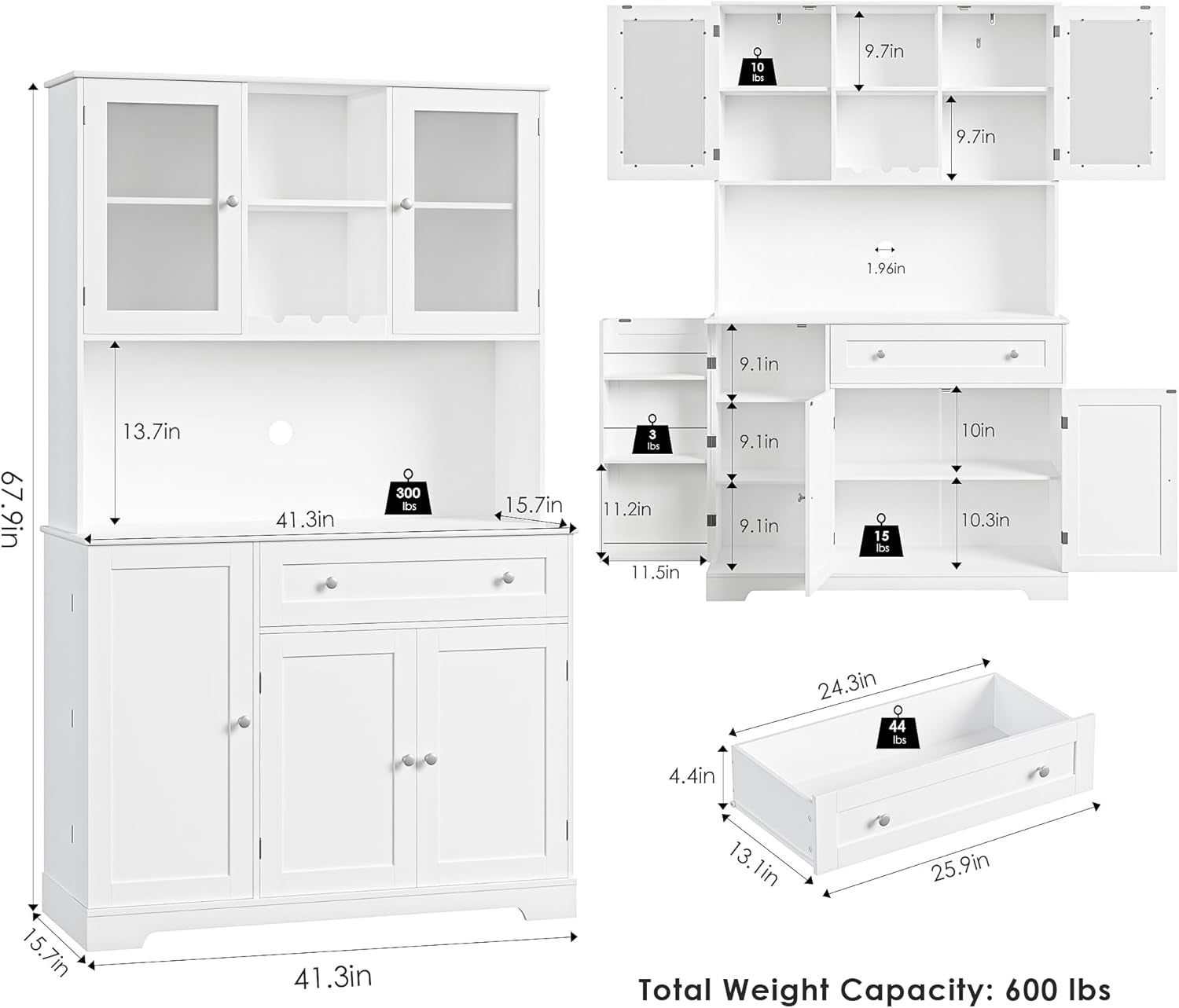 Kitchen Pantry Storage Cabinet, Modern Buffet Cabinet with Hutch, Tall Kitchen Hutch with Microwave Stand, Food Pantry with Doors and Shelves | Wine Rack for Dining Room, White