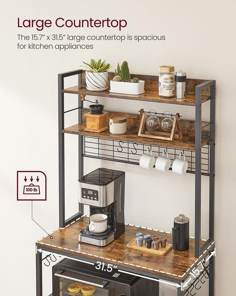 Hutch Bakers Rack with Power Outlet, 14 Hooks Microwave Stand, Adjustable Coffee Bar with Metal Wire Panel, Kitchen Storage Shelf, 15.7 X 31.5 X 66.9 Inches, Charcoal Gray and Ink Black