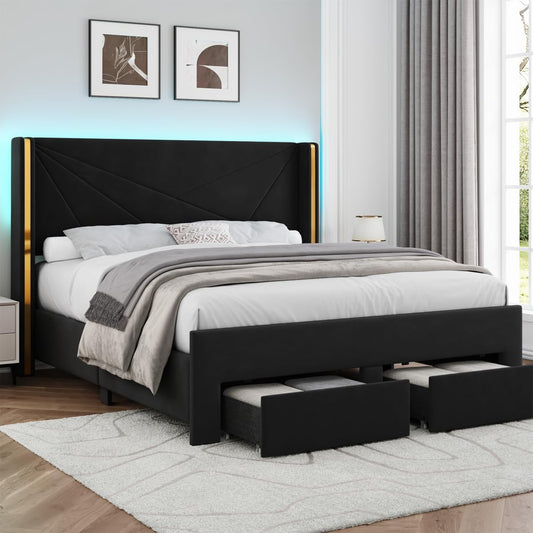 Full Size Bed Frame with Storage Drawers and Wingback Headboard, Velvet Upholstered Full Bed Frames Platform Bed with LED Lights, Wooden Slats Support, No Box Spring Needed, Noise-Free, Black