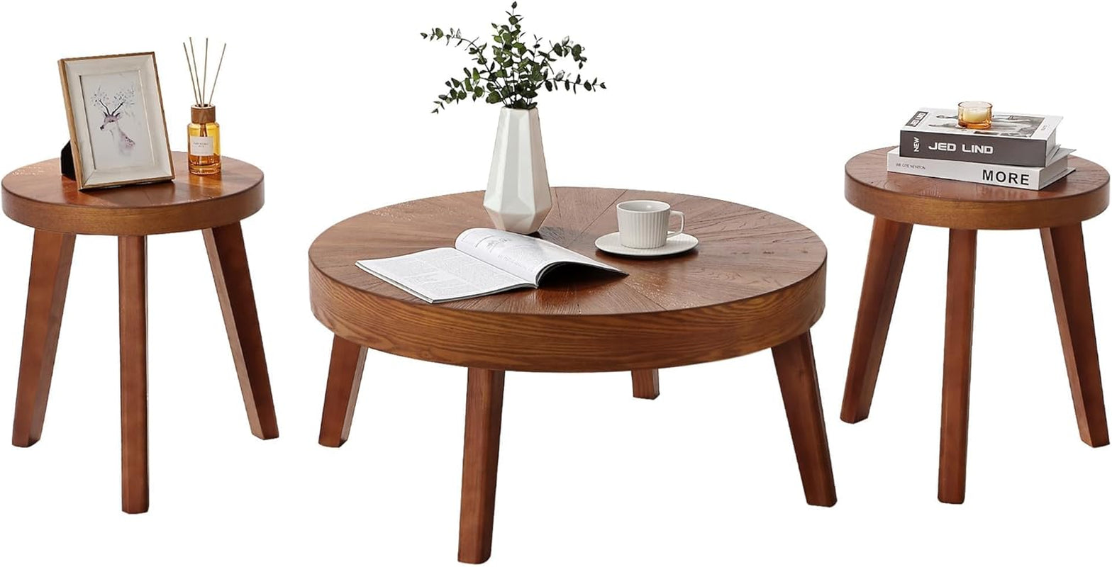 Farmhouse round Coffee Table Set of 3, Boho Sofa Side Nesting Tables End Table Set with Wood Natural Finish for Living Room, Bedroom, Home Office,Brown