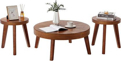 Farmhouse round Coffee Table Set of 3, Boho Sofa Side Nesting Tables End Table Set with Wood Natural Finish for Living Room, Bedroom, Home Office,Brown