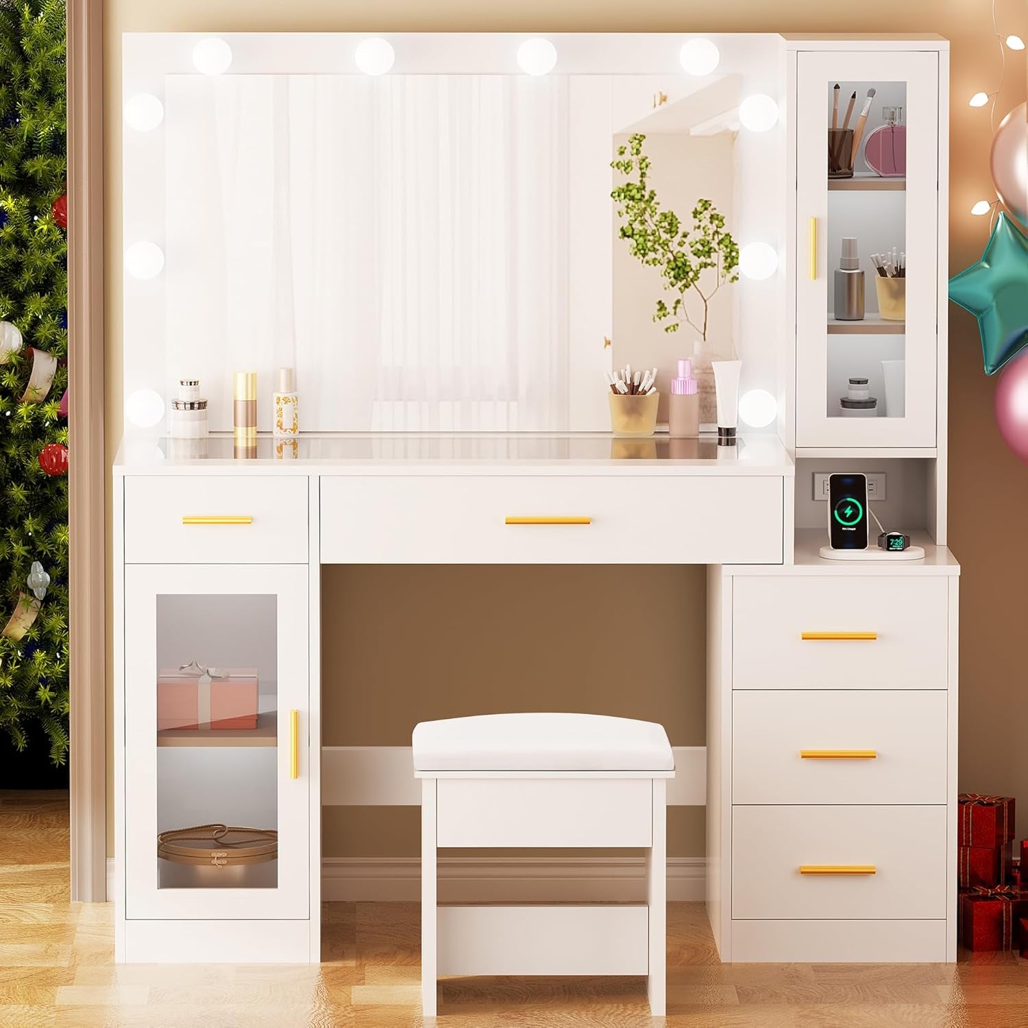 49.2" Large Vanity Desk with Mirror and Lights,White Makeup Vanity Table with Glass Top,Stool,Makeup Desk with Power Outlet,5 Drawers,Nightstand,Dressing Table for Bedroom Women FST34W