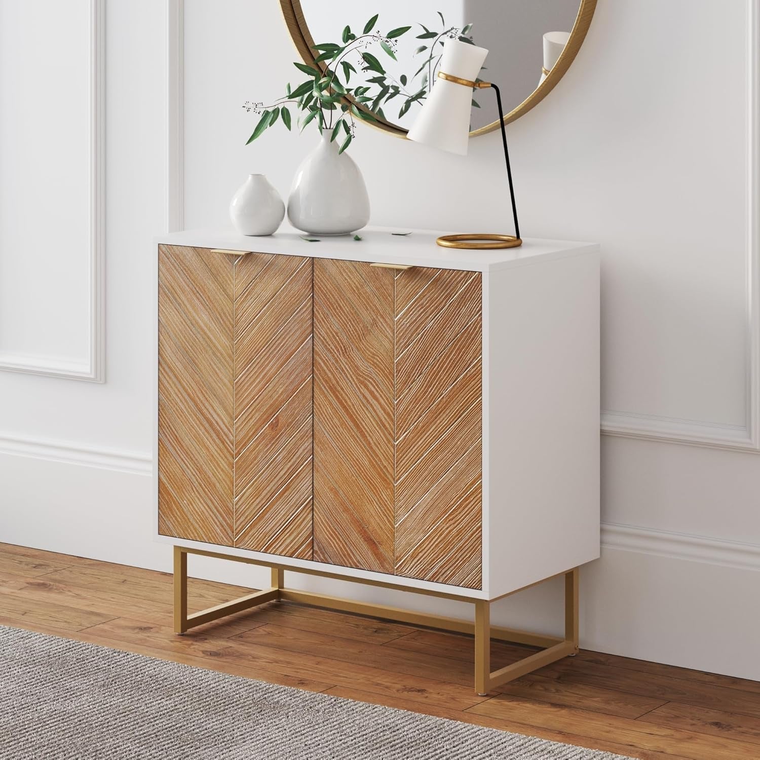 Enloe Modern Storage Free Standing Accent Cabinet White with Doors in a Rustic Pine Wood Finish and Gold Powder-Coated Metal Base for Hallway, Entryway or Living Room, Brown/White/Gold