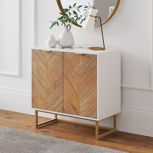 Enloe Modern Storage Free Standing Accent Cabinet White with Doors in a Rustic Pine Wood Finish and Gold Powder-Coated Metal Base for Hallway, Entryway or Living Room, Brown/White/Gold
