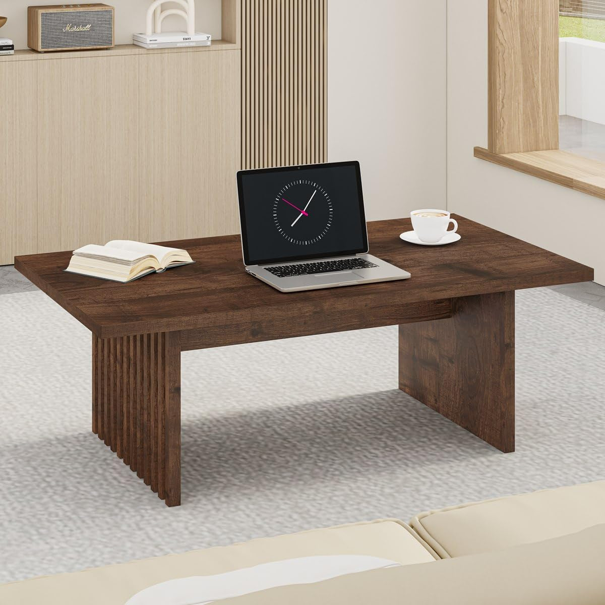 47 Inch Coffee Table, Fluted Side Panels Coffee Tables for Living Room, Large Wooden Tabletop Center Table, Farmhouse Living Room Tables for Lounge, Office, Rustic Oak