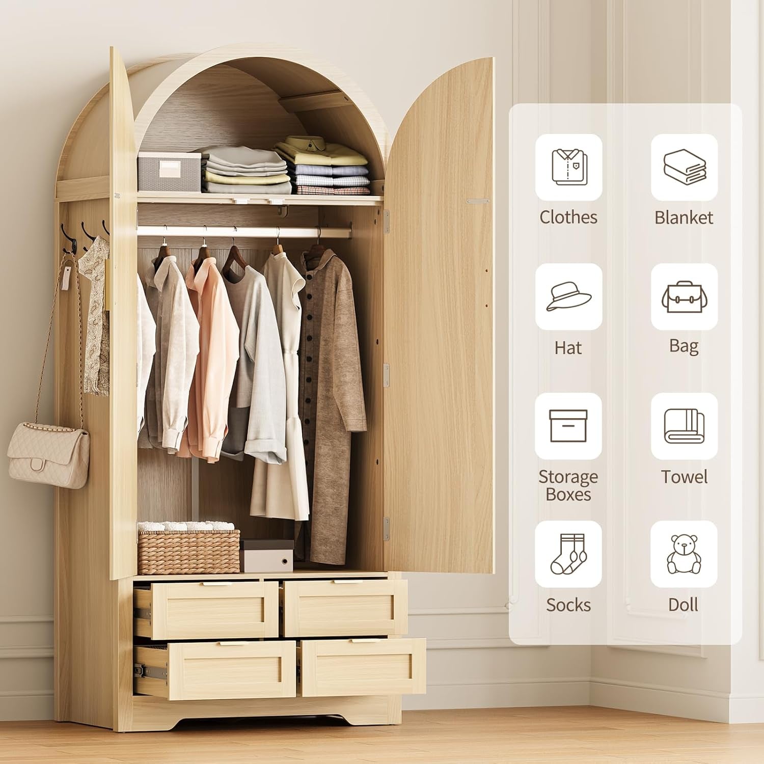 Armoire Wardrobe Closet with 4 Drawers - Wood Bedroom Armoires and Wardrobes with Rattan Doors for Hanging Clothes, Tall Clothing Cabinet Arched Closets for Cloak Room, Large Capacity Storage