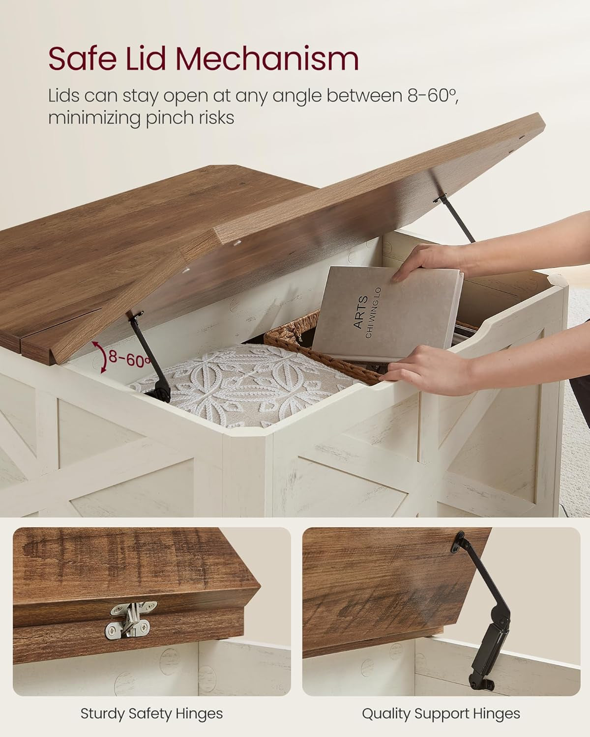 Farmhouse Coffee Table with Storage, Square Coffee Table for Living Room, Center Table with Flip-Top Lids, Honey Brown and Rustic White ULCT232W73