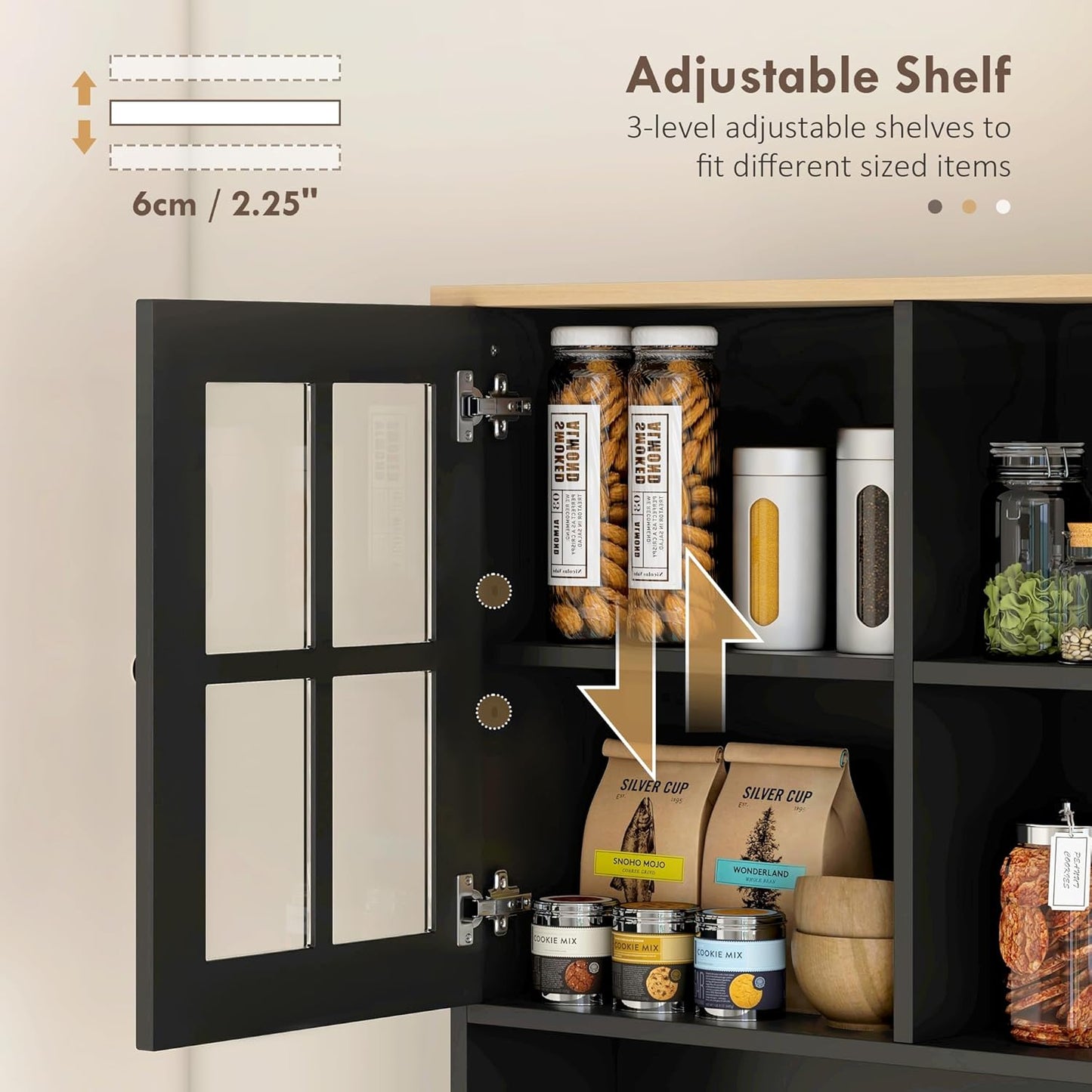 Kitchen Pantry Storage Cabinet, 72" Freestanding Cabinet with Hutch, Large Countertop, Glass Doors and Adjustable Shelves for Dining Room, Black