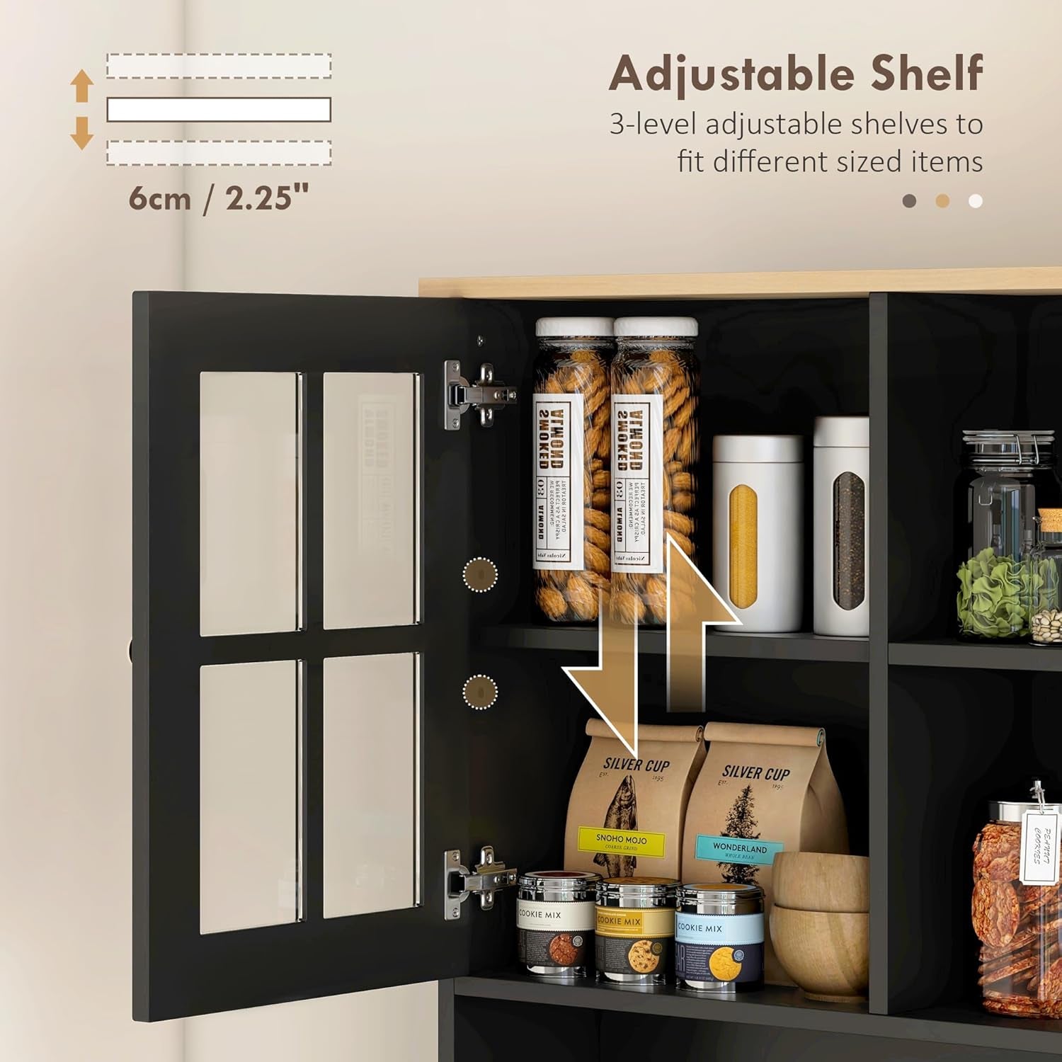 Kitchen Pantry Storage Cabinet, 72" Freestanding Cabinet with Hutch, Large Countertop, Glass Doors and Adjustable Shelves for Dining Room, Black