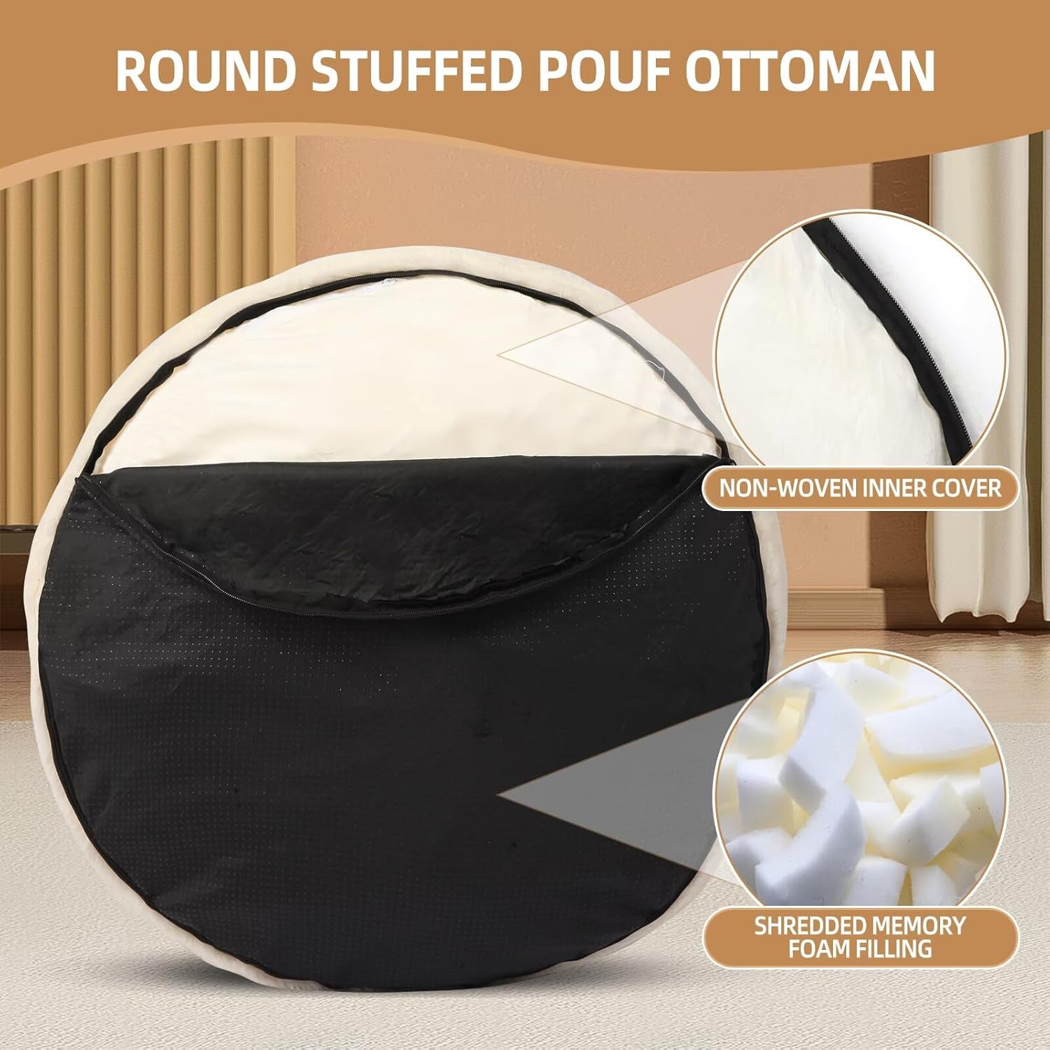 Round Stuffed Pouf Ottoman Foot Rest for Couch round Ottoman with Foam Chunk Filling Stripe Faux Fur Ottomans for Living Room Floor (20"X15",Beige)