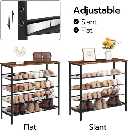 Shoe Rack, 5-Tier Shoe Storage Unit Flat & Slant Adjustable Shoe Organizer Shelf for 16 Pairs, Durable and Stable, for Entryway, Hallway, Closet, Dorm Room, Industrial, Rustic Brown BF01XJ01