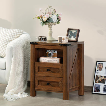 Nightstands Set of 2 with Charging Station, Farmhouse Side End Table with 2 Drawers and Open Shelf, Wood Rustic Sofa Table, Bedside Cabinet for Bedroom, Living Room, Closet, Office(Brown)