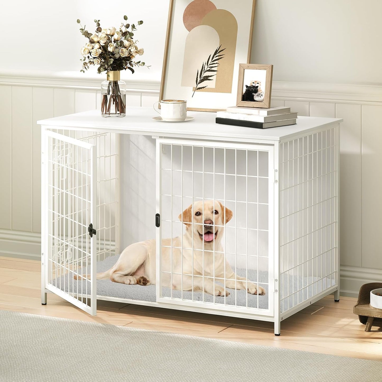 Dog Crate Furniture with Cushion, Wooden Dog Kennel with Double Doors, Heavy Duty Dog Cage for Small/Medium/Large Dogs, Indoor Dog House End Table, 39.4" L, Greige DCHG10701