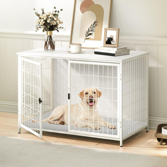Dog Crate Furniture with Cushion, Wooden Dog Kennel with Double Doors, Heavy Duty Dog Cage for Small/Medium/Large Dogs, Indoor Dog House End Table, 31.5" L, Greige DCHG0701