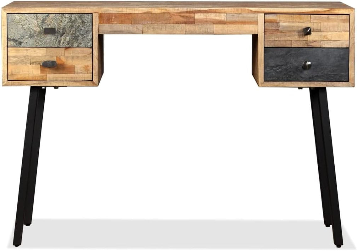 Reclaimed Wood Writing Desk, 43.3 Inch Teak & Steel Computer Table, Modern Home Office Study Furniture with 4 Drawers, Lacquered Finish, 19.7" D X 29.9" H