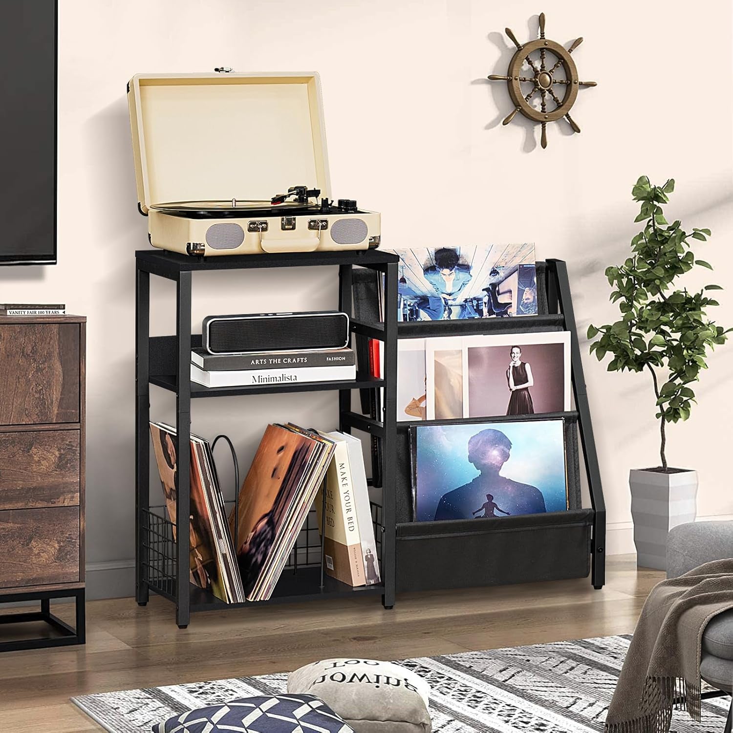 Record Player Stand, Black Adjustable Guitar Stand for Acoustic Guitar, Electric Guitar, Bass, Turntable Stand with Vinyl Display Shelf Storage up to 150 Albums, End Table for Music Room