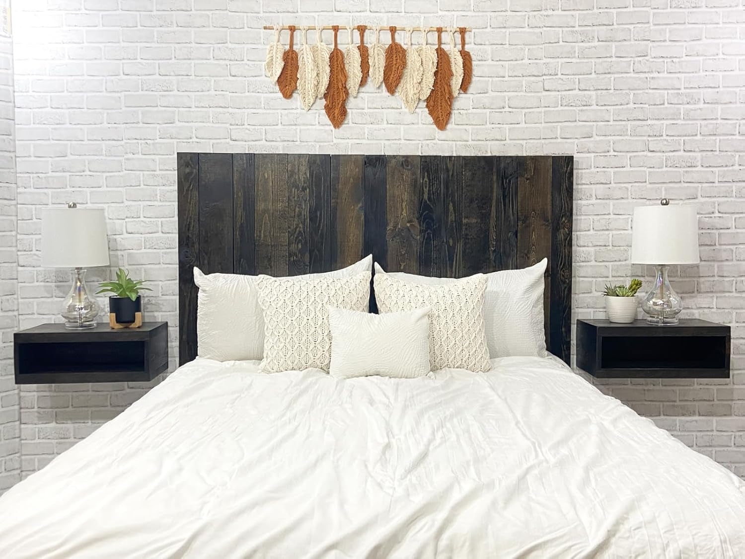 - King Size Headboard, Solid Wood Wall-Mounted Panels, Black Barrel Stain with Natural Wood Grain Variation, Rustic Modern Design, Durable, Fits King & Adjustable Beds, Bed Headboards
