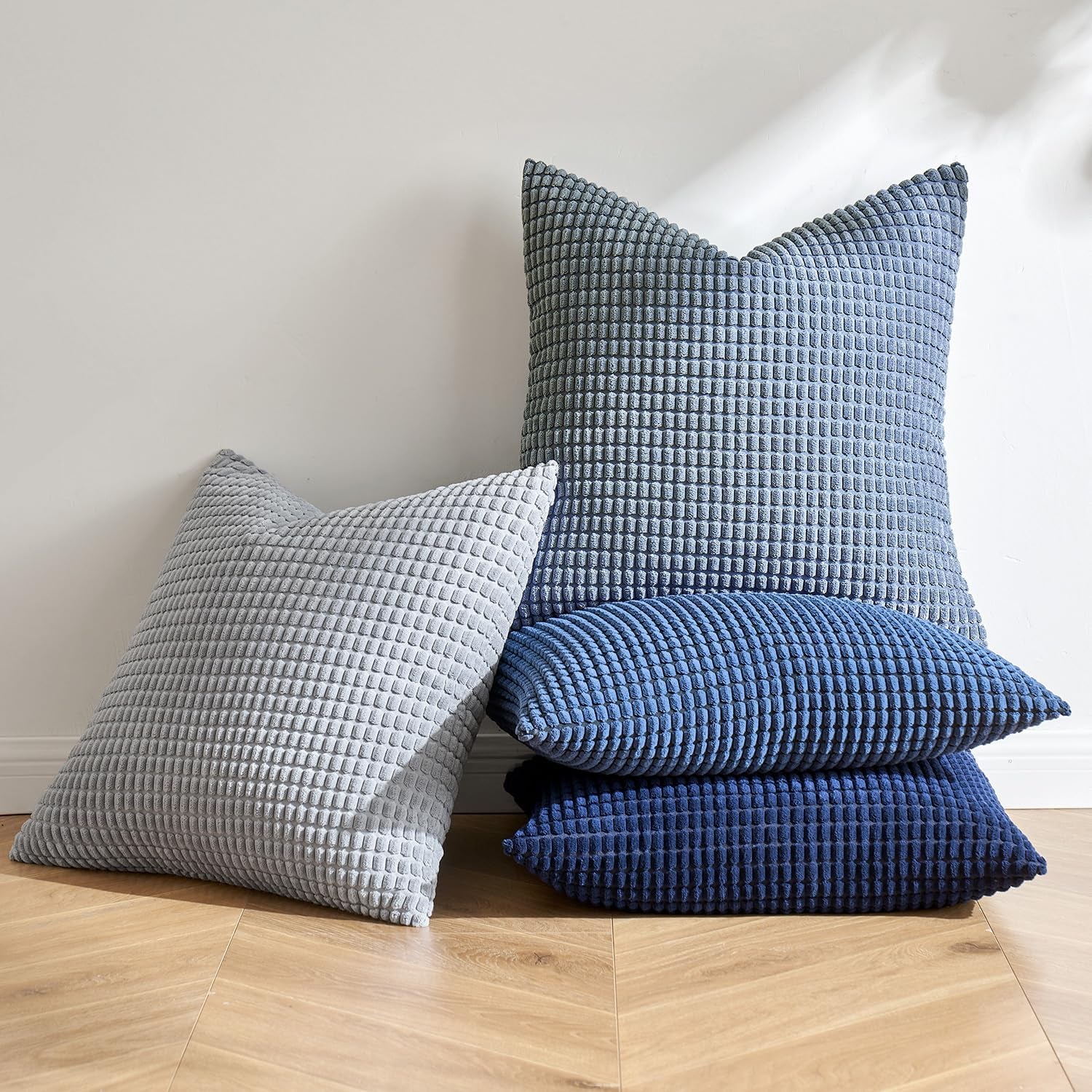 Blue Decorative Pillow Covers 20X20 Inch Set of 4 Boho Western Farmhouse Home Decor Couch Throw Pillows Summer Coastal Corduroy Couch Pillowcases Industrial for Sofa Living Room Bed